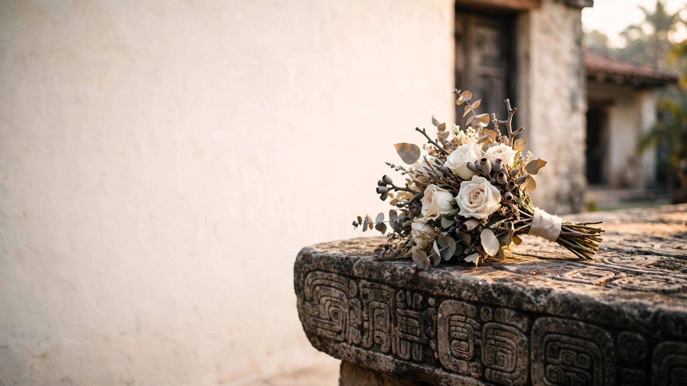 Ramo de novia de flor preservada sobre un dintel de piedra maya en una hacienda de Yucatán